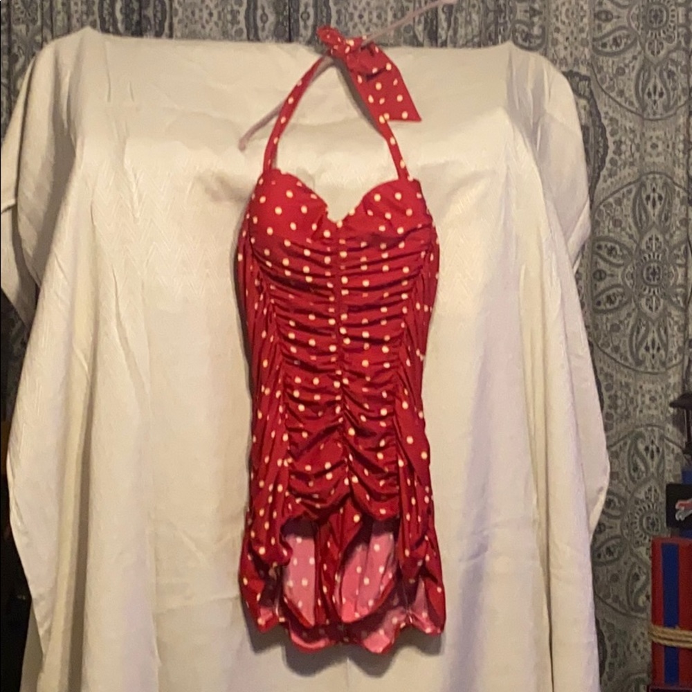 Unique Vintage Red and White Polka Dot Swim Dress